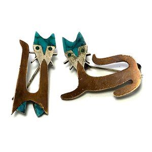 2 Mid Century Modern Silver Copper Turquoise Inlay Cat Brooches Taxco Mexico
